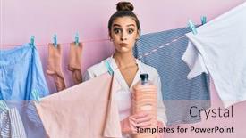  Presentation with laundry detergent - Amazing PPT theme having beautiful-brunette-young-woman-doing backdrop and a lemonade colored foreground