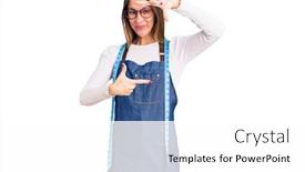  Presentation with creativity - Colorful slide set enhanced with beautiful-brunette-young-woman-dressmaker backdrop and a white colored foreground