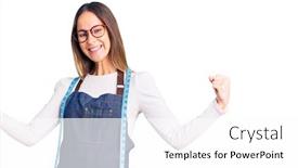  Presentation with apron - Presentation having beautiful-brunette-young-woman-dressmaker background and a white colored foreground