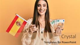  Presentation with cool - PPT theme with beautiful-brunette-young-woman-holding background and a coral colored foreground