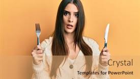  Presentation with eat - PPT layouts consisting of beautiful-brunette-young-woman-holding background and a coral colored foreground