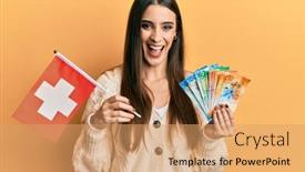  Presentation with switzerland - Beautiful slides featuring beautiful-brunette-young-woman-holding backdrop and a coral colored foreground