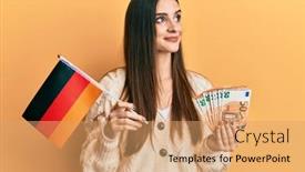  Presentation with banknotes - Colorful PPT layouts enhanced with beautiful-brunette-young-woman-holding backdrop and a coral colored foreground