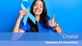  Presentation with blue ribbon - PPT theme enhanced with beautiful-brunette-young-woman-holding background and a teal colored foreground