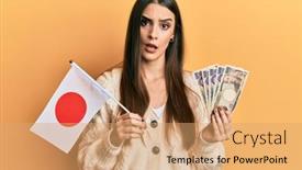  Presentation with japan flag - Audience pleasing PPT theme consisting of beautiful-brunette-young-woman-holding backdrop and a coral colored foreground