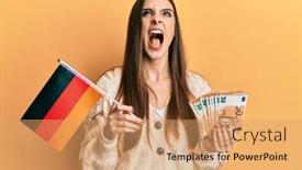  Presentation with anger - Colorful PPT theme enhanced with beautiful-brunette-young-woman-holding backdrop and a coral colored foreground