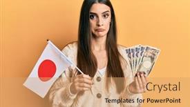  Presentation with japan flag - Slide set having beautiful-brunette-young-woman-holding background and a coral colored foreground