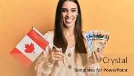  Presentation with canada flag - Audience pleasing presentation design consisting of beautiful-brunette-young-woman-holding backdrop and a coral colored foreground