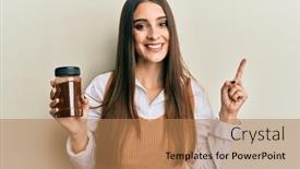  Presentation with finger - PPT theme enhanced with beautiful-brunette-young-woman-holding background and a coral colored foreground