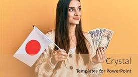  Presentation with japan flag - Presentation theme consisting of beautiful-brunette-young-woman-holding background and a coral colored foreground