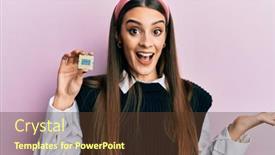  Presentation with processor - Presentation consisting of beautiful-brunette-young-woman-holding background and a tawny brown colored foreground