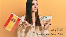  Presentation with banknotes - PPT theme with beautiful-brunette-young-woman-holding background and a coral colored foreground
