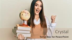  Presentation with woman world - Amazing slide deck having beautiful-brunette-young-woman-holding backdrop and a coral colored foreground