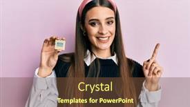  Presentation with processor - Cool new slide deck with beautiful-brunette-young-woman-holding backdrop and a tawny brown colored foreground