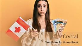  Presentation with canada flag - Presentation theme enhanced with beautiful-brunette-young-woman-holding background and a coral colored foreground