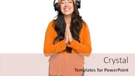  Presentation with forgiveness - Amazing slide deck having beautiful-brunette-young-woman-listening backdrop and a coral colored foreground