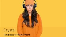  Presentation with sadness woman cry - Colorful slide deck enhanced with beautiful-brunette-young-woman-listening backdrop and a gold colored foreground