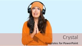  Presentation with listening woman - PPT theme with beautiful-brunette-young-woman-listening background and a gold colored foreground