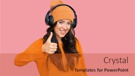  Presentation with listening woman - Colorful slide set enhanced with beautiful-brunette-young-woman-listening backdrop and a red colored foreground