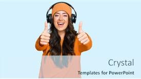  Presentation with listening woman - Audience pleasing theme consisting of beautiful-brunette-young-woman-listening backdrop and a sky blue colored foreground