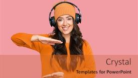  Presentation with listening woman - Beautiful slides featuring beautiful-brunette-young-woman-listening backdrop and a gold colored foreground