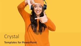  Presentation with listening woman - Colorful PPT layouts enhanced with beautiful-brunette-young-woman-listening backdrop and a gold colored foreground