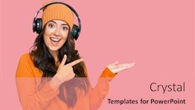  Presentation with listening woman - Audience pleasing presentation theme consisting of beautiful-brunette-young-woman-listening backdrop and a coral colored foreground