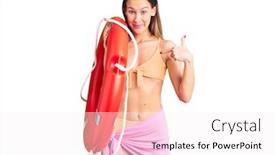  Presentation with lifesaver - Cool new slide set with beautiful-brunette-young-woman-wearing backdrop and a white colored foreground