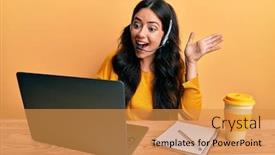  Presentation with call center - Colorful slide deck enhanced with beautiful-brunette-young-woman-wearing backdrop and a gold colored foreground