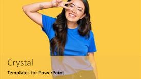  Presentation with peace - Amazing PPT layouts having beautiful-brunette-young-woman-wearing backdrop and a yellow colored foreground