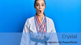  Presentation with karate - Slide set having beautiful-brunette-young-woman-wearing background and a teal colored foreground