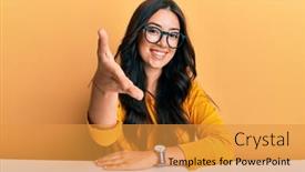  Presentation with business casual - Colorful slide deck enhanced with beautiful-brunette-young-woman-wearing backdrop and a gold colored foreground