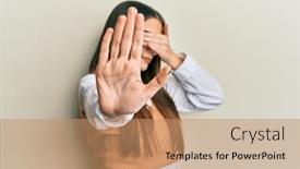  Presentation with stop - Amazing PPT theme having beautiful-brunette-young-woman-wearing backdrop and a coral colored foreground