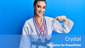  Presentation with karate - Colorful slide set enhanced with beautiful-brunette-young-woman-wearing backdrop and a teal colored foreground
