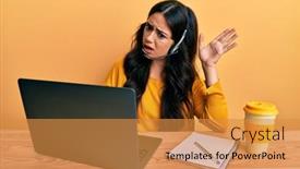  Presentation with call center - Beautiful presentation design featuring beautiful-brunette-young-woman-wearing backdrop and a gold colored foreground