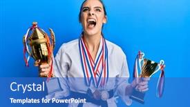  Presentation with trophy - Presentation design having beautiful-brunette-young-woman-wearing background and a teal colored foreground