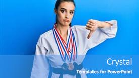 Presentation with karate - Colorful slide set enhanced with beautiful-brunette-young-woman-wearing backdrop and a teal colored foreground
