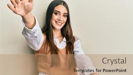  Presentation with hug - Amazing slide set having beautiful-brunette-young-woman-wearing backdrop and a coral colored foreground