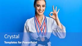  Presentation with karate - Presentation design consisting of beautiful-brunette-young-woman-wearing background and a teal colored foreground