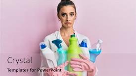  Presentation with sad woman - Beautiful slide deck featuring beautiful-brunette-young-woman-wearing backdrop and a soft green colored foreground