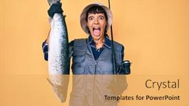  Presentation with fishing - PPT layouts having beautiful-brunettte-fisher-woman-holding background and a yellow colored foreground