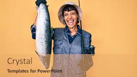  Presentation with fishing - PPT layouts featuring beautiful-brunettte-fisher-woman-holding background and a yellow colored foreground