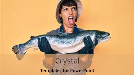  Presentation with fisher - Cool new presentation theme with beautiful-brunettte-fisher-woman-showing backdrop and a yellow colored foreground