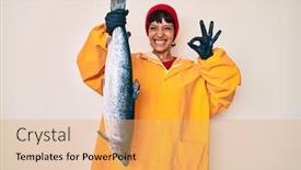  Presentation with fisher - Beautiful PPT theme featuring beautiful-brunettte-fisher-woman-wearing backdrop and a coral colored foreground