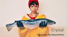  Presentation with fisher - Slide set enhanced with beautiful-brunettte-fisher-woman-wearing background and a coral colored foreground