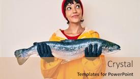  Presentation with fisher - Presentation theme with beautiful-brunettte-fisher-woman-wearing background and a coral colored foreground