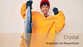  Presentation with fisher - Beautiful PPT theme featuring beautiful-brunettte-fisher-woman-wearing backdrop and a coral colored foreground