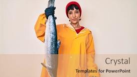  Presentation with fisher - Presentation theme with beautiful-brunettte-fisher-woman-wearing background and a coral colored foreground