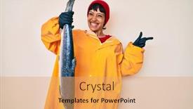  Presentation with fisher - Presentation design consisting of beautiful-brunettte-fisher-woman-wearing background and a coral colored foreground