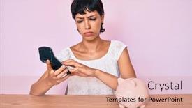  Presentation with money - Theme featuring beautiful-brunettte-woman-caculating-money background and a coral colored foreground